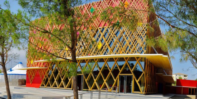 Jean-Claude Carrière Theater, A + architecture, A + architecture Montpellier, prefab architecture France, energy-efficient buildings, LED lighting, minimize carbon footprint, recyclable materials, recyclable building materials