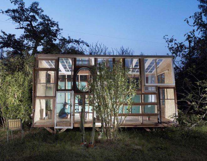 La Fabrique pavilion, Bureau A, Swiss architects, recycled windows pavilion, recycled windows, recycled materials, silent movies, Buster Keaton, self-constructed house, tiny homes, pavilions