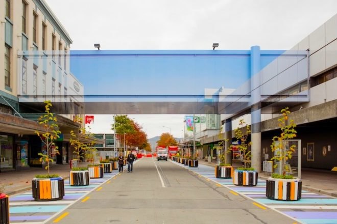 New Zealand, Christchurch earthquake, mike hewson, demolition walkway, adhesive vinyl, digital print installation, perspective installation, invisible walkway, weightless walkway, art installation, Colombo street