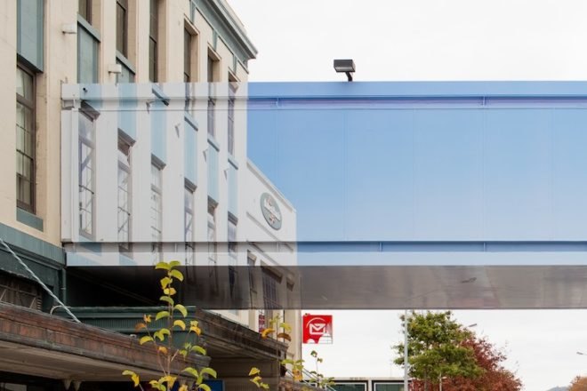 New Zealand, Christchurch earthquake, mike hewson, demolition walkway, adhesive vinyl, digital print installation, perspective installation, invisible walkway, weightless walkway, art installation, Colombo street
