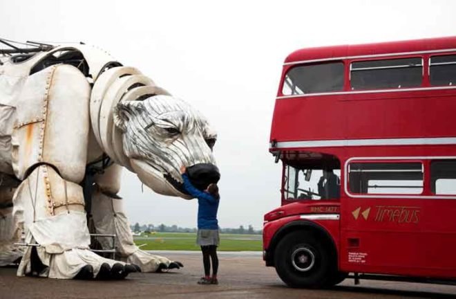 aurora, greenpeace, puppet, marionette, climate action, arctic drilling, protest, shell, london, double-decker bus