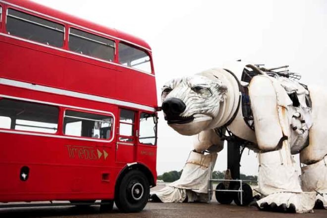 aurora, greenpeace, puppet, marionette, climate action, arctic drilling, protest, shell, london, double-decker bus