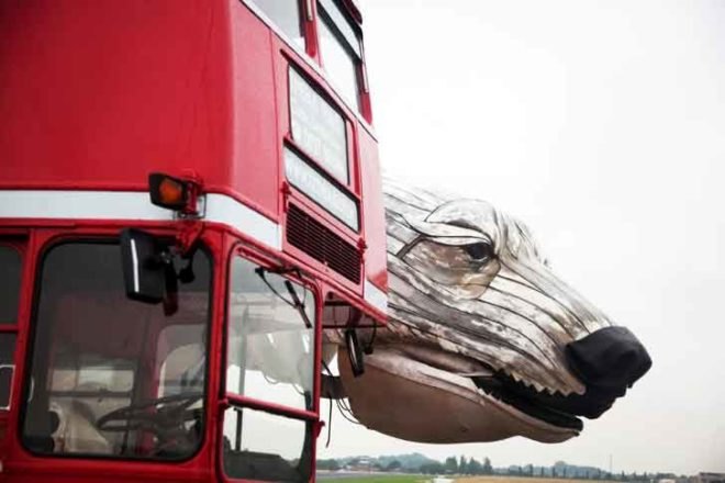 aurora, greenpeace, puppet, marionette, climate action, arctic drilling, protest, shell, london, double-decker bus