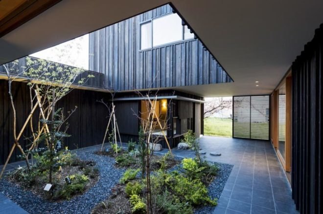 Takeru Shoji Architects, Niigata, Japan, Peach Gardens, Yobitsugi, Farmland, Busy Highway, Yakisugi, Cherry Blossoms, Courtyard