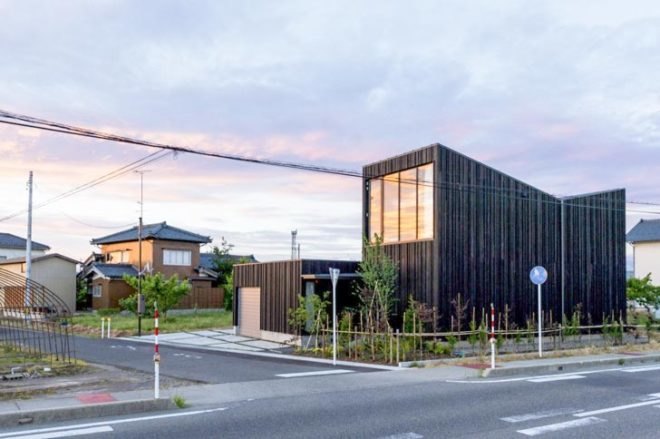 Takeru Shoji Architects, Niigata, Japan, Peach Gardens, Yobitsugi, Farmland, Busy Highway, Yakisugi, Cherry Blossoms, Courtyard