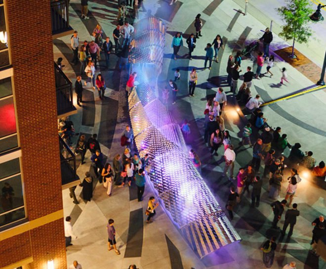 mikyoung kim, mikyoung kim design, exhale, outdoor sculpture, art installation, LED lights, misting sequence, chapel hill, outdoor plaza, laser cut,