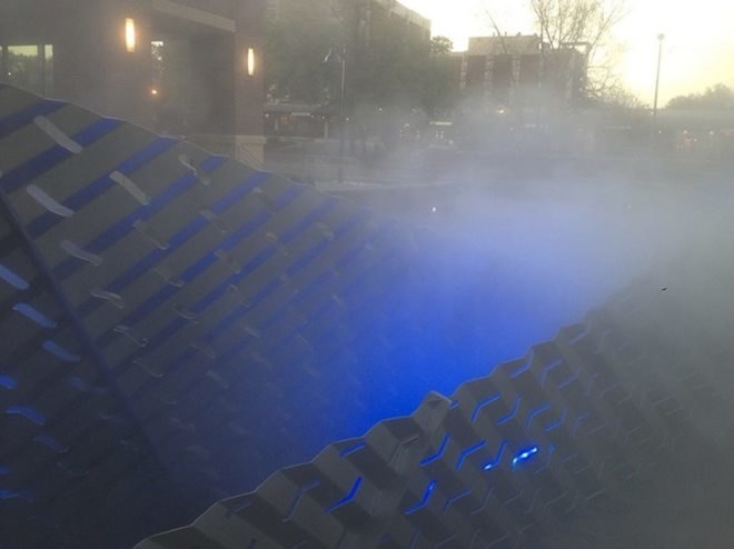 mikyoung kim, mikyoung kim design, exhale, outdoor sculpture, art installation, LED lights, misting sequence, chapel hill, outdoor plaza, laser cut,