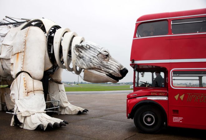 aurora, greenpeace, puppet, marionette, climate action, arctic drilling, protest, shell, london, double-decker bus, world's largest polar bear