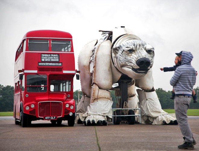 aurora, greenpeace, puppet, marionette, climate action, arctic drilling, protest, shell, london, double-decker bus, world's largest polar bear
