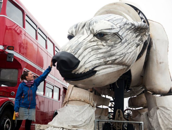 aurora, greenpeace, puppet, marionette, climate action, arctic drilling, protest, shell, london, double-decker bus, world's largest polar bear