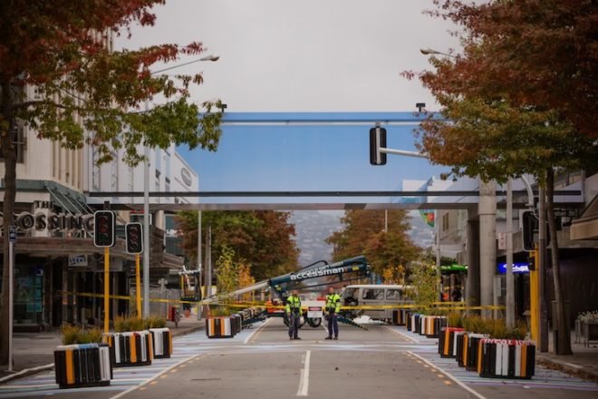 New Zealand, Christchurch earthquake, mike hewson, demolition walkway, adhesive vinyl, digital print installation, perspective installation, invisible walkway, weightless walkway, art installation, Colombo street