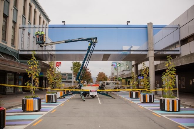 New Zealand, Christchurch earthquake, mike hewson, demolition walkway, adhesive vinyl, digital print installation, perspective installation, invisible walkway, weightless walkway, art installation, Colombo street