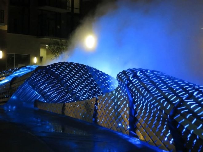 mikyoung kim, mikyoung kim design, exhale, outdoor sculpture, art installation, LED lights, misting sequence, chapel hill, outdoor plaza, laser cut,