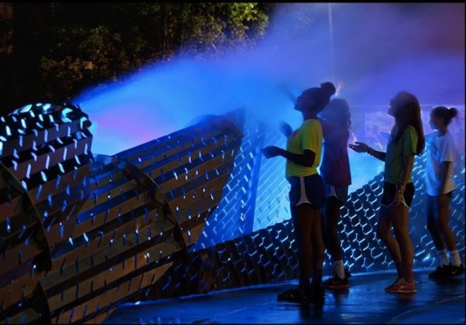 mikyoung kim, mikyoung kim design, exhale, outdoor sculpture, art installation, LED lights, misting sequence, chapel hill, outdoor plaza, laser cut,