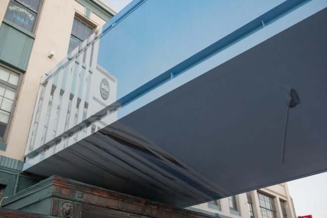 New Zealand, Christchurch earthquake, mike hewson, demolition walkway, adhesive vinyl, digital print installation, perspective installation, invisible walkway, weightless walkway, art installation, Colombo street