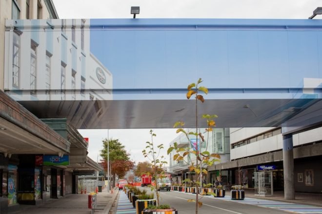 New Zealand, Christchurch earthquake, mike hewson, demolition walkway, adhesive vinyl, digital print installation, perspective installation, invisible walkway, weightless walkway, art installation, Colombo street
