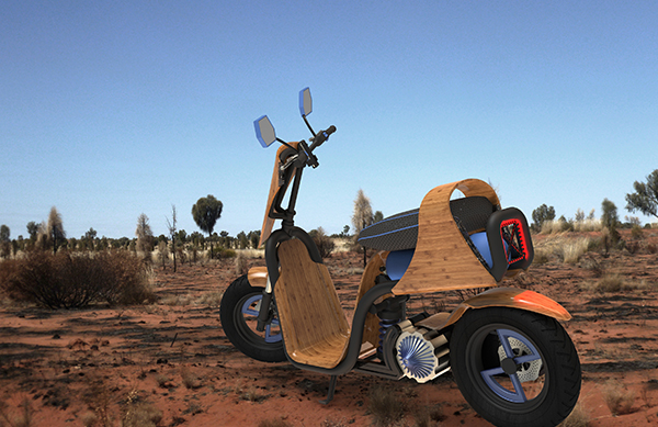 EngineAir Australia, compressed air powered rotary engine, concept scooter, Darby Bicheno, RMIT University in Melbourne, eco dirtbike, Steam-pressed bamboo, bamboo bike