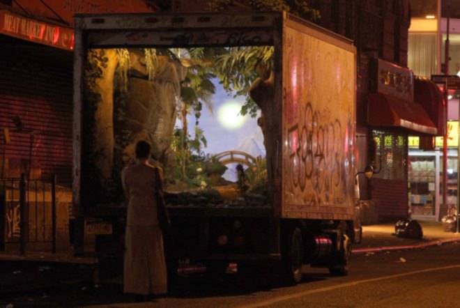 Banksy, Better Out Than In, Mobile Waterfall, British Artists, Street Art, Street Artists, Graffiti, Art, dioramas, mobile gardens, green trucks, plants, shrubs, green art, sustainable art,