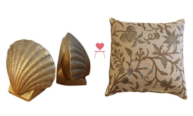 Inhabitat's Clean Green Collection For Chairish, Brass Sea Shell Bookends, Brocade Pillows