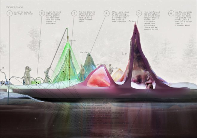 Frozen Flora Shelters, Visiondivision, Warming Huts Competition, melting architecture, ice architecture, ice shelters Canada, Canada architecture, sustainable buildings, temporary shelters, reinforced ice buildings, biomimicry, biomimetic architecture
