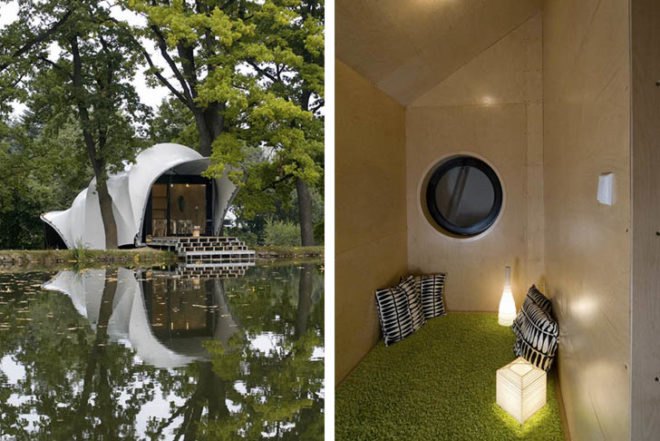 OK Plan Architects, worm shelter, Garden House, Czech Republic, lakeside view, worm architecture, tensile roof, tarpaulin, Tiny Homes, Architecture,