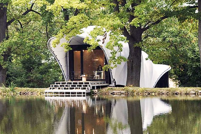 OK Plan Architects, worm shelter, Garden House, Czech Republic, lakeside view, worm architecture, tensile roof, tarpaulin, Tiny Homes, Architecture,