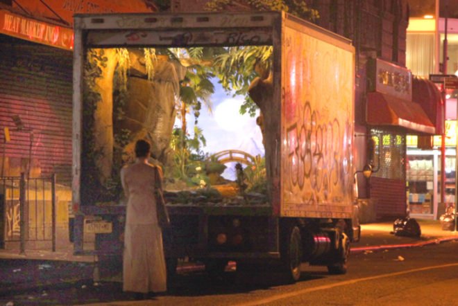 Banksy, Better Out Than In, Mobile Waterfall, British Artists, Street Art, Street Artists, Graffiti, Art, dioramas, mobile gardens, green trucks
