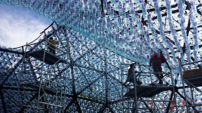 rising moon, mid-autumn festival, hong kong, daydreamers design, recycled water bottles, recycled bottles sculpture, moon festival, LED light show, lantern festival, geodesic dome