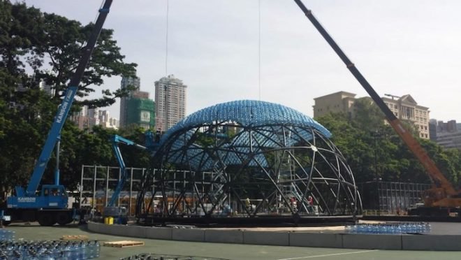rising moon, mid-autumn festival, hong kong, daydreamers design, recycled water bottles, recycled bottles sculpture, moon festival, LED light show, lantern festival, geodesic dome