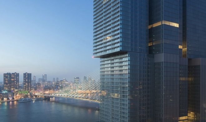 oma, rem koolhaas, de rotterdam, vertical city, erasmus bridge, Wilhemina Pier, mixed use building, mullions, multipurpose building, Rotterdam skyline, floor to ceiling windows, rotterdam economic revival