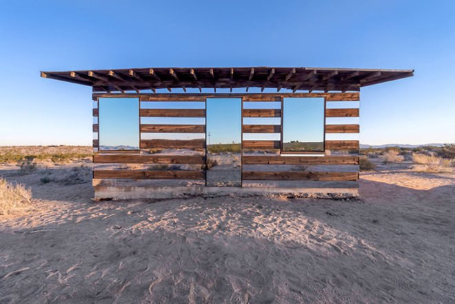 Lucid Stead Installation, Lucid Stead, Phillip K. Smith III, Joshua Tree art, LED installation, desert art, California desert art, LED lights, interactive installation, homesteader shack installation, color art installations, mirror installations, mirror art, Mojave desert art