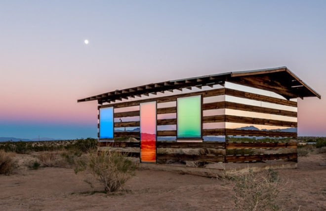 Lucid Stead Installation, Lucid Stead, Phillip K. Smith III, Joshua Tree art, LED installation, desert art, California desert art, LED lights, interactive installation, homesteader shack installation, color art installations, mirror installations, mirror art, Mojave desert art