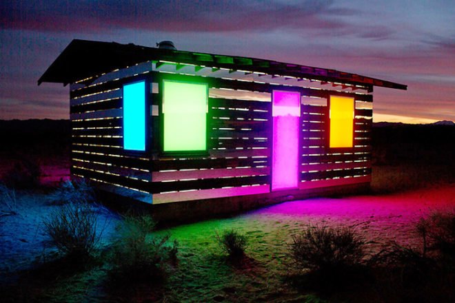 Lucid Stead Installation, Lucid Stead, Phillip K. Smith III, Joshua Tree art, LED installation, desert art, California desert art, LED lights, interactive installation, homesteader shack installation, color art installations, mirror installations, mirror art, Mojave desert art