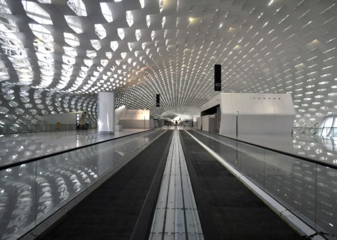 studio fuksas, honeycomb terminal, Shenzhen Bao'an International Airport, hexagonal skylights, airport terminal, triple height ceilings, Chinese construction, air conditioning vent trees, Chinese airport design, terminal design
