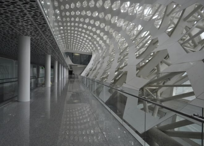 studio fuksas, honeycomb terminal, Shenzhen Bao'an International Airport, hexagonal skylights, airport terminal, triple height ceilings, Chinese construction, air conditioning vent trees, Chinese airport design, terminal design
