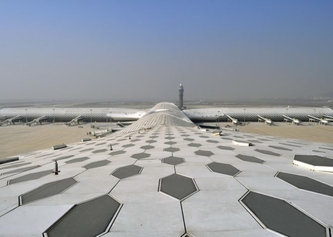studio fuksas, honeycomb terminal, Shenzhen Bao'an International Airport, hexagonal skylights, airport terminal, triple height ceilings, Chinese construction, air conditioning vent trees, Chinese airport design, terminal design