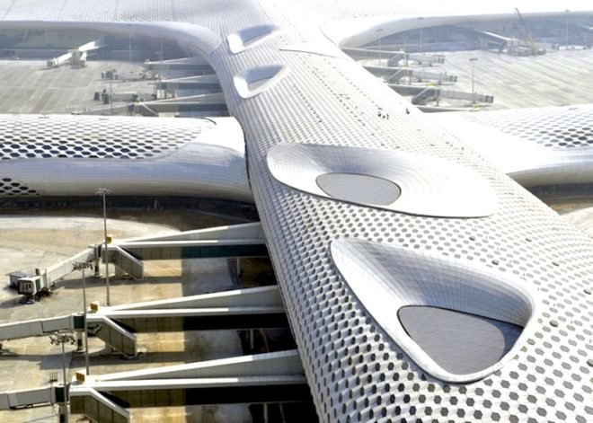 studio fuksas, honeycomb terminal, Shenzhen Bao'an International Airport, hexagonal skylights, airport terminal, triple height ceilings, Chinese construction, air conditioning vent trees, Chinese airport design, terminal design
