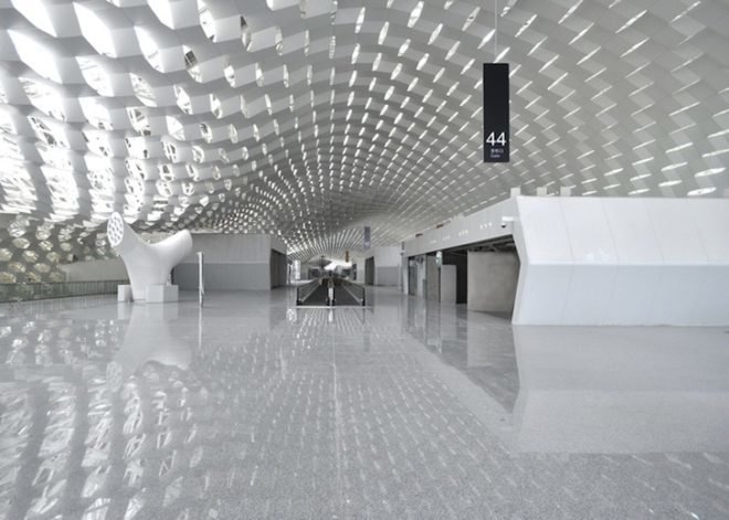 studio fuksas, honeycomb terminal, Shenzhen Bao'an International Airport, hexagonal skylights, airport terminal, triple height ceilings, Chinese construction, air conditioning vent trees, Chinese airport design, terminal design