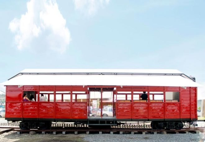 old Ecuadorian railway, renovated Boxcar 1513, flexible community space, Vagon del Sabor, Wagon of Knowledge, Al Borde, Converted Train Carriage, Mobile Cultural Center,