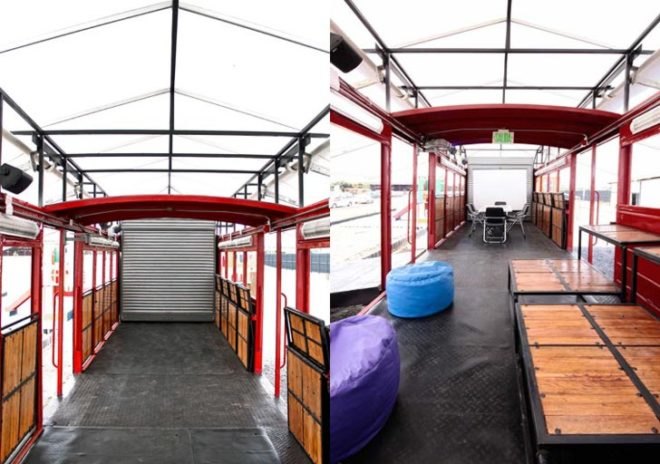 old Ecuadorian railway, renovated Boxcar 1513, flexible community space, Vagon del Sabor, Wagon of Knowledge, Al Borde, Converted Train Carriage, Mobile Cultural Center,
