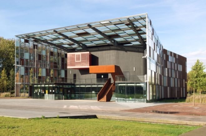 Herault Arnod architects, Metaphone music hall, architecture, Oignies, France, photovoltaic panels, modular design, acoustical architecture