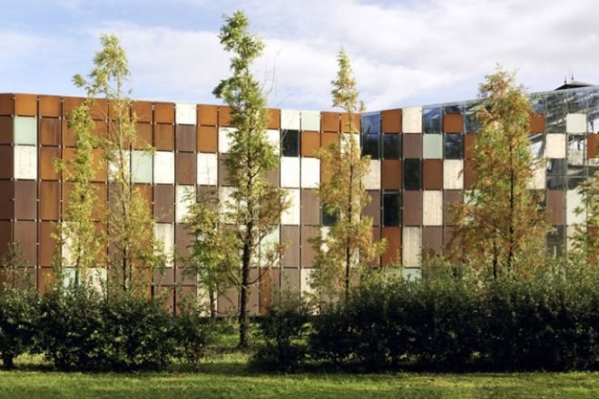 Herault Arnod architects, Metaphone music hall, architecture, Oignies, France, photovoltaic panels, modular design, acoustical architecture