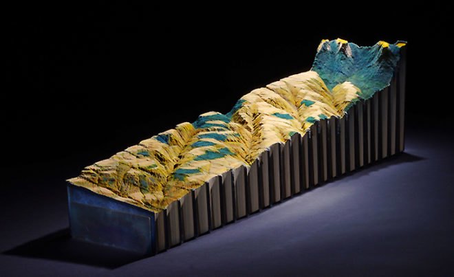 Guy Laramée, Guy Laramée art, book landscapes, book sculptures, book carvings, Encyclopedia Britannica, book art, recycled materials, mountains books, books landscapes
