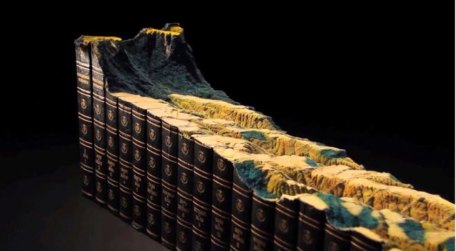Guy Laramée, Guy Laramée art, book landscapes, book sculptures, book carvings, Encyclopedia Britannica, book art, recycled materials, mountains books, books landscapes