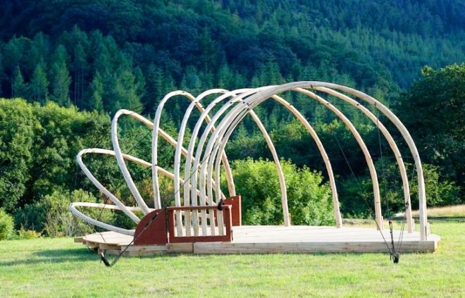 Jerry Tate Architects, Dartmoor Arts Week, Dartmoor Arts Project, demountable pavilion, locally sourced wood, wooden pavilion, treehouse design, shell-like pavilions, student design, London architects