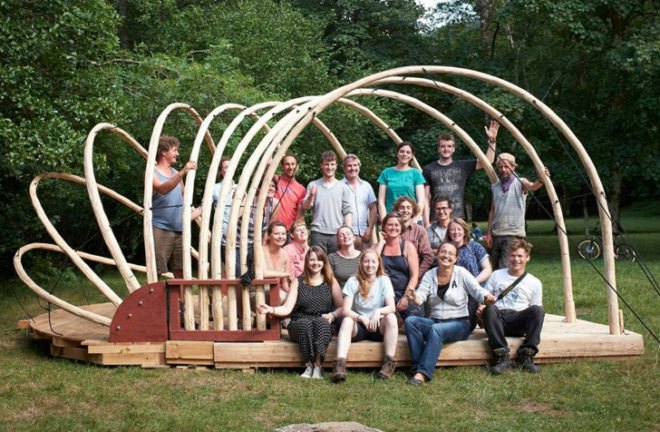 Jerry Tate Architects, Dartmoor Arts Week, Dartmoor Arts Project, demountable pavilion, locally sourced wood, wooden pavilion, treehouse design, shell-like pavilions, student design, London architects