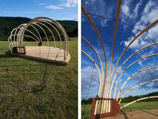Jerry Tate Architects, Dartmoor Arts Week, Dartmoor Arts Project, demountable pavilion, locally sourced wood, wooden pavilion, treehouse design, shell-like pavilions, student design, London architects
