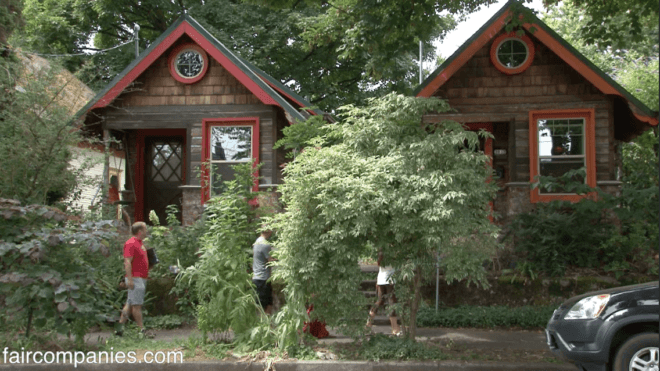 Portland houses, Portland architecture, Tiny Homes in Portland, Micro homes, micro-houses, upcycled architecture, green building, reclaimed materials, Trader Joe's, wine cellar, upcycled wallpaper, upcycled siding