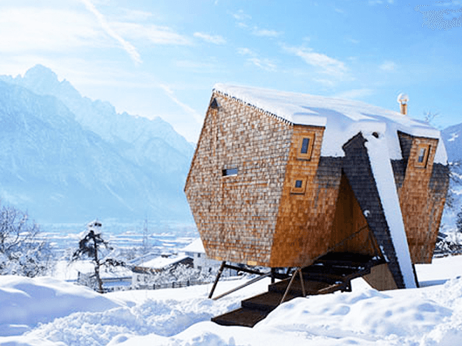 Peter Jungmann, Tiny Cabin, Tiny Home, Tiny House, Tiny Holiday Home, Tiny Holiday Cabin, Uvogel, ufogel, tiny house, holiday home, Tyrolean Mountains, larch wood, austrian landscape, minimalist design, wooden shower, wood burning stove, compact wood house, compact house, tiny home