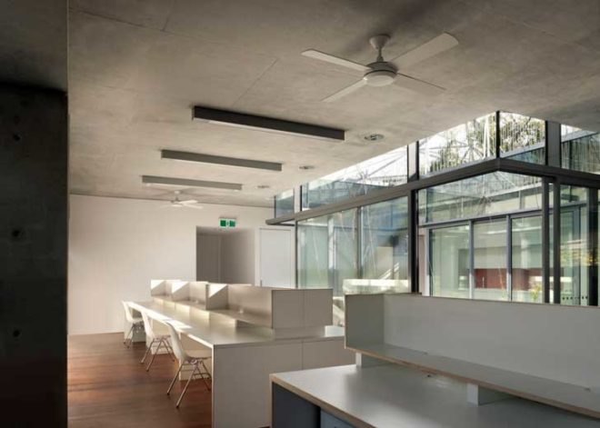 weave community center Waterloo Sydney, steel canopy, Collins and Turner, John Krubsack, Cedric Price, natural cross ventilation, exposed thermal mass, climbing plants canopy, London zoo aviary, refurbished community center Australia,